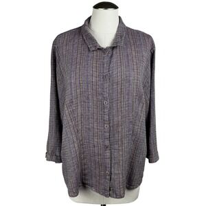 FLAX Women's Large Purple Plaid 100%‎ Linen Button Down Long Sleeve Shirt Top